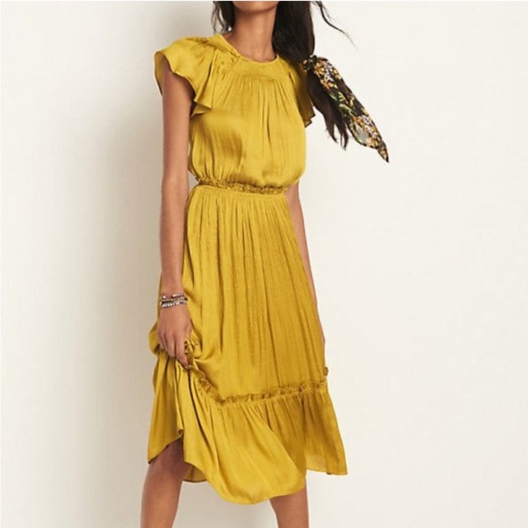 Current Air Dresses & Skirts - Current Air Anthropologie Gold Silky Smocked Cap Sleeve Midi Dress Size Small